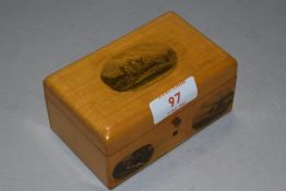 A 'Pwllycrochon Hotel, Colwyn' Mauchline ware box, containing watch keys, clips etc.