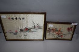 Two small Chinese needle works of ducks and landscapes