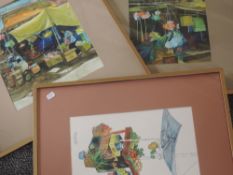 Three watercolours, Melinda Blein/Miller, Hong Hong street markets, signed and dated 1976/77, 30 x