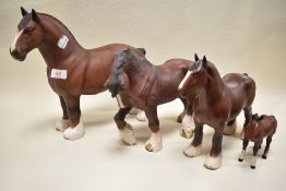 Three Beswick shire horses and foal in red bay matt finish, shire mare 818, Burnham beauty 2309,