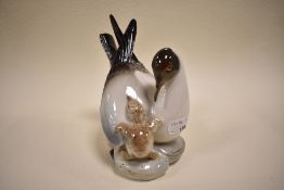 A porcelain figure study by Lomonosov of a gull bird on nest with chick