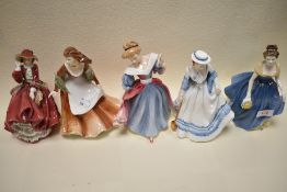 Five Royal Doulton figure studies of ladies in dress including Top O the Hill, Melanie and
