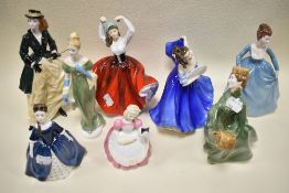 Six Royal Doulton figure studies of ladies in dress including Grace, Lorna and Cookie