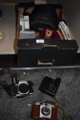 A collection of cameras and accessories including Pentax MZ-30 and Kodak Colorsnap 35.