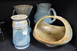 Two art deco Beswick vases having mottled blue and yellow ground, impressed to undersides with 394'2