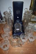 A set of five Stuart cut glass wine goblets with decanter and similar glass wares