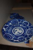 A blue and white transfer pattern Japanese charger having repeat floral and motif pattern sold