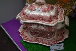 A large lidded soup tureen having spill plate and ladle by Masons in the Vista pattern