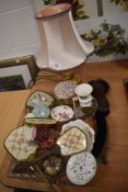 A selection of dressing table items including brush set, trinket dishes and art glass