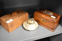 A mahogany money box,a mahogany lidded box with finely dovetailed joints and a onyx desk top