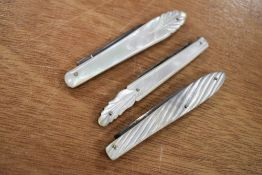 Three pocket pen or fruit knifes having mother of pearl handles with incised decorations