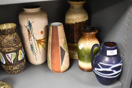 Six mid century west German and similar vases, four marked underside for West Germany.
