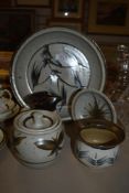 A group of Scottish Traquair studio pottery, comprising dishes, jug, lidded jar and pot