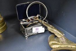 A small silver plated jewellery box, white metal bangle, pocket knife etc.