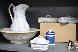 A Victorian wash bowl set and toothbrush holder marked Carrara H.B&C, having pale ground and mottled