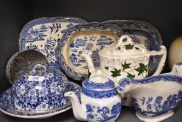 An assortment of blue and white ware including tea pot, covered dish etc sold with a Victorian tea