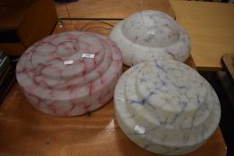 Three art deco era fly catcher design ceiling light shades having marbled glass