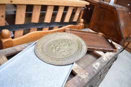 Three vintage trays, stainless steel, brass and oak with copper reinforcing