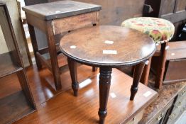 Two occasional tables including Victorian mahogany specimen style having circular top and turned