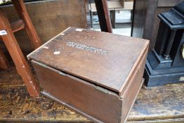 A Victorian stained frame workbox having carved 'mending' to top, hinge and other damage