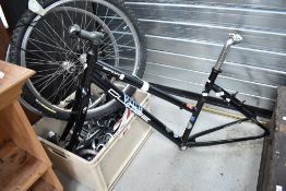 A Specialized bike frame and box of assorted parts including wheels, seat, cranks etc