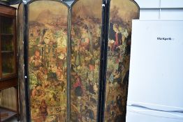 A Victorian room divider, having four panels, decorated in the scrap style, ebonised panels with