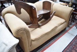 A traditonal Victorian style drop end settee having shaped back and tweed type upholstery , nice