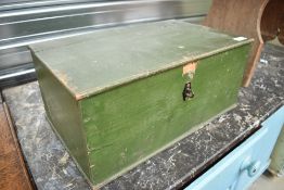 A vintage painted wooden box having lift lid