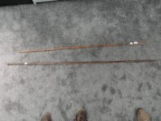 Two Tribal Spears possibly African both with metal spear heads, one for fishing, spear length 137cm,