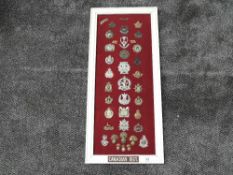 A framed display of Canadian Regiment Cap & Helmet Badges including Calgary Highlanders, 3
