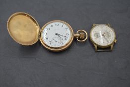 A gold plated hunter pocket watch by Waltham no: 25586326 having Arabic numeral dial with subsidiary