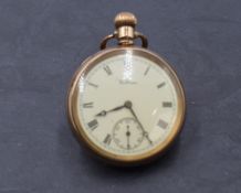 A gold plated top wound pocket watch by Waltham no:19155916 having Roman numeral dial with