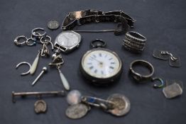 A selection of HM silver and white metal including small key wound pocket watch, Bulova watch