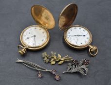Two gold plated hunter pocket watches, a silver and enamel flower brooch, possibly Sheila Fleet, a