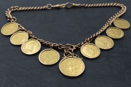 A 9ct rose gold curb link watch chain with dog clip clasps and eight half sovereigns and a full