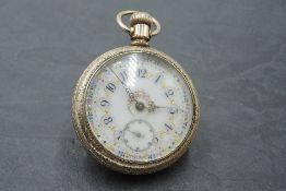 A large gold plated top wound pocket watch by Hampden Watch Co, no: 626882 having Arabic numeral