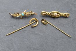 Two bar brooches and two pins, all stamped 9ct and of various forms, approx 5.7g