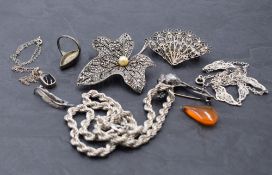 A selection of HM silver and white metal jewellery stamped 925/silver including rope chain, filigree