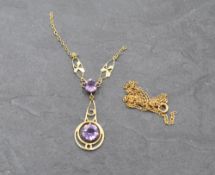 A broken yellow metal necklace stamped 9ct having amethyst style stones, approx 2.5g