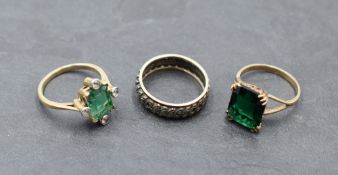 Three yellow metal dress rings stamped 9ct having paste stone decoration, approx 7g