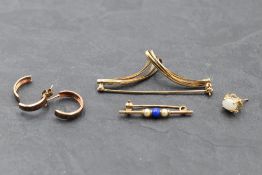 A 9ct gold bar brooch having lapis lazuli and seed pearl decoration, another 9ct gold brooch