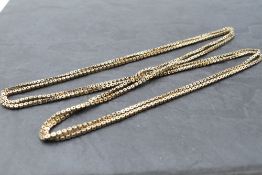 A yellow metal fancy link muff chain bearing plaque marked 9C, no clasp, approx 25g