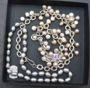 An HM silver modern heavy link necklace and matching bracelet having pastel coloured baroque pearl
