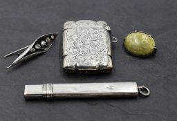 Three pieces of HM silver including a vesta case, chatelaine pencil holder, brooch modelled as a