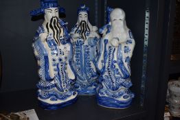 Three Chinese porcelain blue and white decorated figure statues