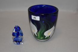A modernist studio art glass vase having lily flower design marked Raos 1996 New Zealand