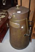 A large dairy churn, with label for Bank Foot Far, Sutton, Yorkshire