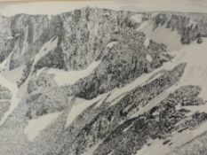 A pen and ink sketch, Alfred Wainwright, The Cliffs of Cairn Lochan, signed 15 x 20cm, plus frame