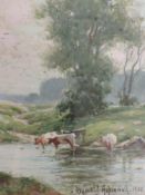 A mixed media painting, Reginald Aspinwall, cattle in stream, signed, 13 x 11cm, plus frame and