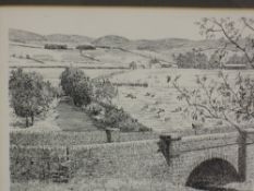 A pen and ink sketch, Alfred Wainwright, The Lune at Gaisgill, signed, 17 x 21cm, plus frame and